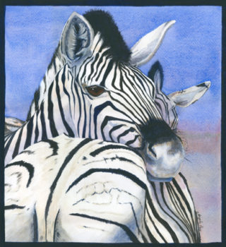 A Watercolour painting by Angela Parr in the Realist style  depicting Animals with main colour being Black Blue and White and titled The Rear Guard