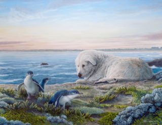 An Oil painting by William Ritchie in the Realist style  depicting Animals Beach and Birds with main colour being Blue Green and Grey and titled Middle Island Guardian