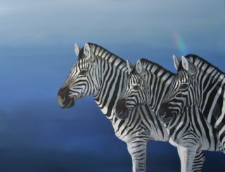 An Acrylic painting by Angela Parr in the Realist style  depicting Animals with main colour being Black Blue and White and titled Watching the Lions