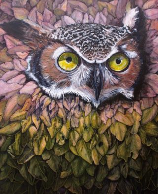 An Acrylic painting by Angela Parr in the Realist style  depicting Animals Birds and Trees with main colour being Brown Green and Pink and titled Who's There?