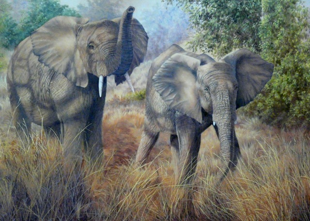 Oil Painting by Alison Clark titled Elephants at Edeni