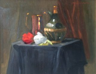 An Oil painting by Kathryn Morgana Aprile in the Realist Impressionist style  depicting Still Life Drapery and Flowers with main colour being Black Gold and Green and titled A Spanish Theme