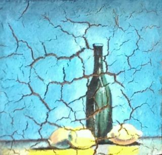An Acrylic painting by Naji Sassine in the Contemporary style  depicting Still Life Bottles and Fruit and titled Still Alive