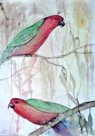 A Watercolour painting by Tracey L Dawes in the Impressionist style  depicting Animals Birds and Bush with main colour being Blue Brown and Yellow and titled A Pair of Kings