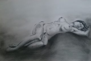 A Charcoal painting by Winston Head in the Realist style  depicting Nude and Woman with main colour being Black and White and titled Sahra 3