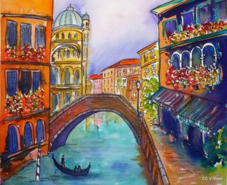 A  painting by Valarie Ross depicting Landscape Bridge Buildings and City with main colour being Blue and Red and titled Venice