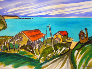 A Watercolour painting by Valarie Ross in the Contemporary Realist style  Beach and Buildings with main colour being Green and Red and titled By the sea NZ Bach