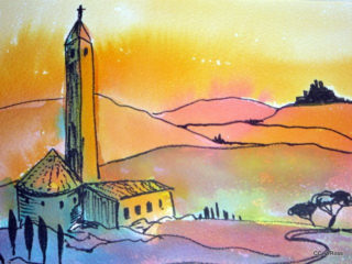 A Watercolour painting by Valarie  Ross in the Contemporary Realist style  depicting Landscape Sunset with main colour being Orange and titled Sunset in Tuscany