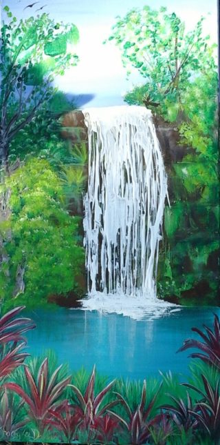 An Acrylic painting by Tracey L Dawes in the Impressionist style  depicting Trees Bush Rocks and Rural with main colour being Blue Green and White and titled Atherton Waterfall