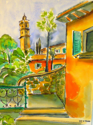 A Watercolour painting by Valarie  Ross in the Contemporary Realist style  Buildings with main colour being Gold Orange and Yellow and titled Villa in Barga