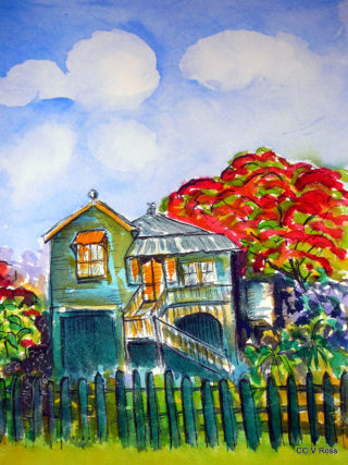 A Watercolour painting by Valarie  Ross in the Contemporary Realist style  depicting Landscape Buildings and Rural with main colour being Blue Purple and Red and titled Old Queenslander