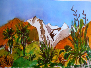 A Watercolour painting by Valarie  Ross in the Contemporary Realist style  depicting Landscape Mountains with main colour being Blue Green and Orange and titled Mtns from Glenorchy New Zealand