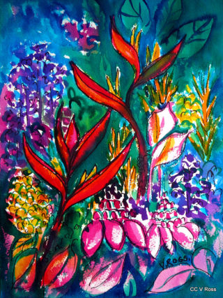 A Watercolour painting by Valarie  Ross in the Contemporary Realist style  depicting Flowers with main colour being Blue Green and Red and titled Into the secret garden