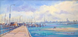 An Acrylic painting by Annee Kelly in the Impressionist style  depicting Landscape Beach Boats and Jetty with main colour being Blue Pink and White and titled Sandy Magic, Melbourne