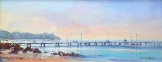 An Acrylic painting by Annee Kelly in the Impressionist style  depicting Landscape Boats Jetty and Water with main colour being Blue and Pink and titled Approaching Dusk