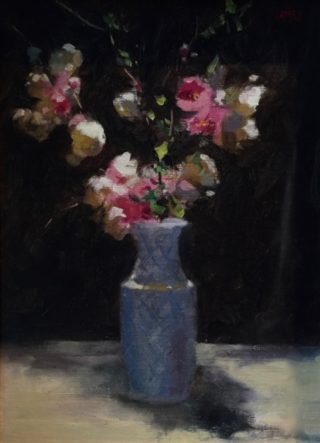 An Oil painting by Don James in the Realist Impressionist style  depicting Flowers and Vases with main colour being Black Blue and Cream and titled Apple Blossom Japonica