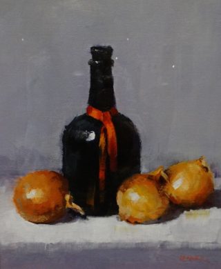 An Acrylic painting by Joan Denner in the Impressionist style  depicting Still Life Bottles and Food with main colour being Black Grey and Ochre and titled Still Life - Onions