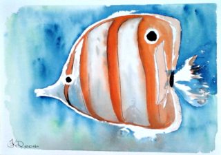 A Watercolour painting by Tracey L Dawes in the Impressionist style  depicting Animals Fish and Tropical with main colour being Blue Orange and White and titled Orange Angel