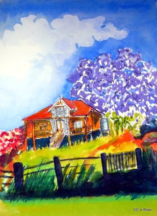 A Watercolour painting by Valarie  Ross in the Contemporary Realist style  depicting Landscape Buildings with main colour being Blue Purple and Red and titled Old Queenslander