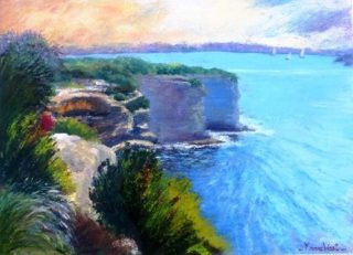 An Acrylic painting by Yvonne West in the Realist style  depicting Landscape Water with main colour being Blue Green and Purple and titled The Gap- Watsons Bay