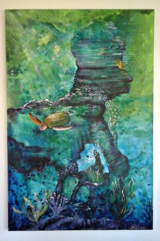 An Acrylic painting by Tracey L Dawes in the Impressionist style  depicting Water Animals Fish and Tropical with main colour being Blue Green and Purple and titled Underwater Garden