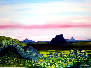 A Watercolour painting by Valarie Ross in the Contemporary style  depicting Landscape Bush Mountains and Sunset with main colour being Blue Green and Pink and titled Sunshine coast sunset