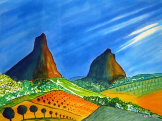 A Watercolour painting by Valarie Ross in the Contemporary style  depicting Landscape Mountains and Rural with main colour being Blue and Green and titled Mother and Son