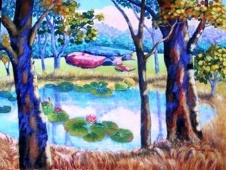 An Acrylic painting by Yvonne West in the Contemporary style  depicting Landscape Bush and Water with main colour being Blue Green and Pink and titled Waterlily Dam