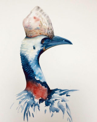 A Watercolour painting by Nadine Dudek in the Realist Impressionist style  depicting Animals Birds with main colour being Blue and Red and titled Prehistoric