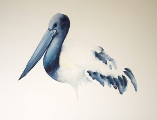 A Watercolour painting by Nadine Dudek in the Realist Impressionist style  depicting Animals Birds with main colour being Blue Ochre and White and titled Jabiru