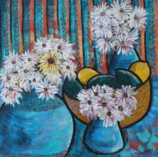 An Acrylic painting by Julie Rooney in the Semi-Abstract style  depicting Flowers with main colour being Blue and White and titled White Daisies