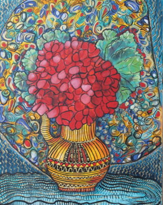 An Acrylic painting by Julie Rooney in the Abstract style  depicting Flowers with main colour being Gold Green and Red and titled Geraniums