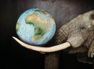 An Acrylic painting by Angela Parr in the Realist style  depicting Animals with main colour being Blue and Grey and titled Only an Elephant Needs Ivory?