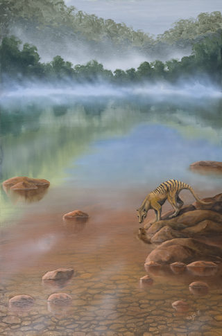 An Oil painting by Hazel Howie in the Realist style  depicting Animals Bush and Lake with main colour being Brown and Green and titled Where The Wild Things Are