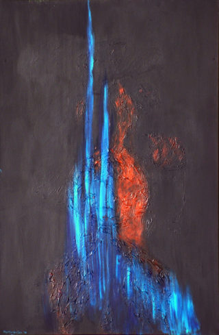 An Acrylic painting by Alex Mortensen in the Abstract Expressionist style  depicting  Fire with main colour being Black Blue and Red and titled IMMOLATION