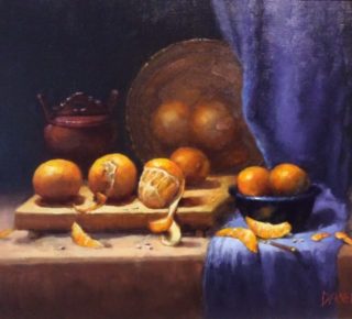 An Oil painting by Joan Denner in the Realist style  depicting Still Life Drapery and Fruit with main colour being Brown Ochre and Orange and titled Glowing Orange