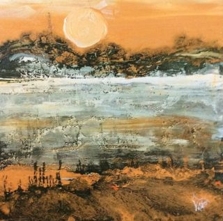 A  painting by June McCotter in the Abstract style  Sunset with main colour being Blue Grey and Orange and titled Sunset