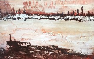 A  painting by June McCotter depicting Landscape Boats with main colour being Brown Grey and Pink and titled Shipwreck