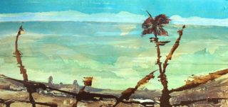 A  painting by June McCotter Trees with main colour being Blue Brown and Green and titled Blue Painting
