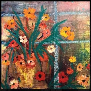A  painting by June McCotter depicting Flowers with main colour being Blue Red and Yellow and titled Burst of Bloom