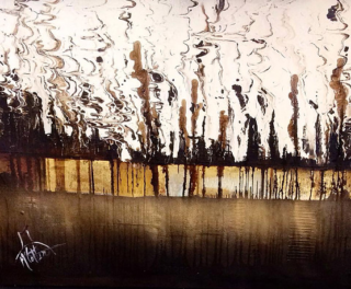 A  painting by June McCotter in the Abstract style  with main colour being Brown Cream and Ochre and titled Land of the People 1