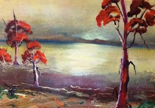 A  painting by June McCotter depicting Trees and titled Over the Valley