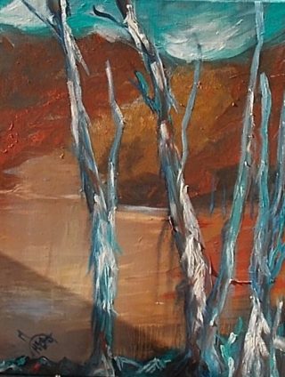 An Acrylic painting by June McCotter in the Semi-Abstract style  depicting Landscape Outback and Trees with main colour being Blue and Brown and titled A Flood