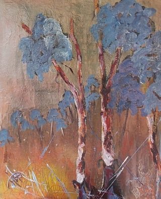 A  painting by June McCotter in the Semi-Abstract style  Outback and Trees with main colour being Blue Grey and Orange and titled Alcheringa