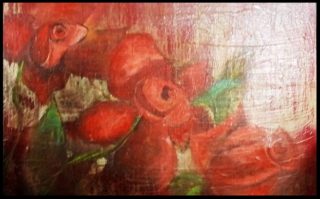 A  painting by June McCotter depicting Flowers with main colour being Black Pink and Red and titled Red Roses