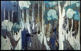 A  painting by June McCotter in the Semi-Abstract style  depicting Trees with main colour being Blue and Grey and titled Found Found