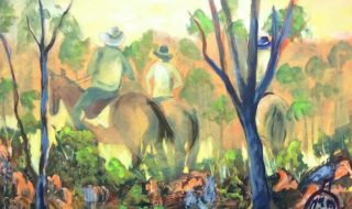 A  painting by June McCotter depicting Animals Rural and Trees with main colour being Blue Green and Yellow and titled Stockmen Heading Home