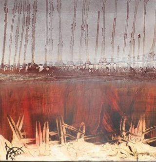 A  painting by June McCotter in the Abstract style  with main colour being Grey Ochre and Red and titled Lagoon