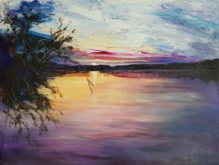 An Acrylic painting by Kathy Karas in the Impressionist style  depicting Landscape Sunset with main colour being Black Blue and Purple and titled Sunset