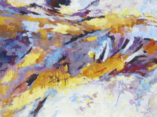 An Acrylic painting by Ekaterina Mortensen in the Abstract Expressionist style  depicting Landscape Buildings with main colour being Ochre Purple and White and titled Roman Relicts 1